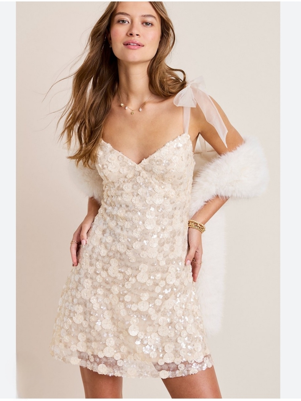 Margot Sequin Tie Strap Mini Dress - Soft Cream